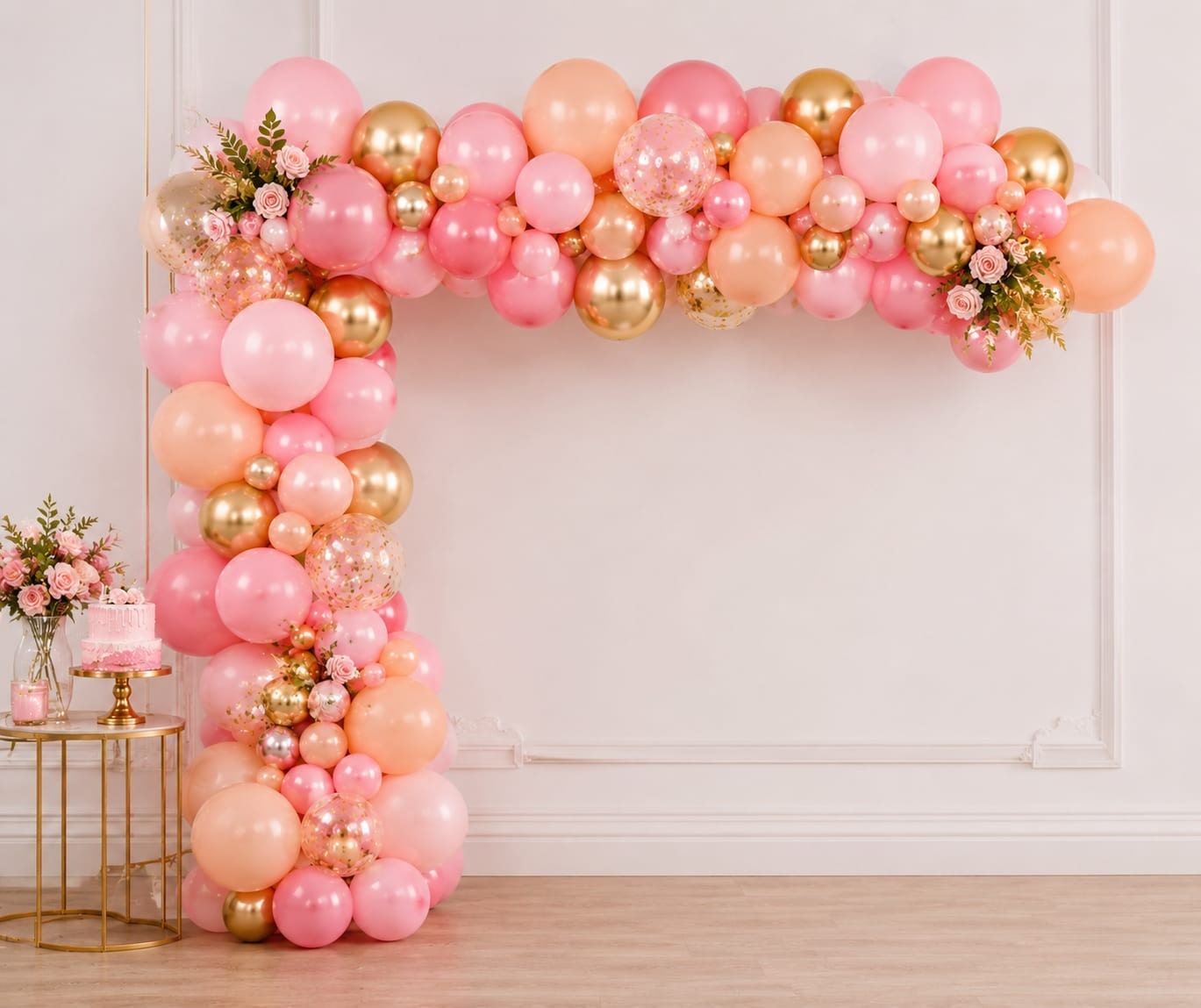 Organic green, gold, and pearl balloon garland